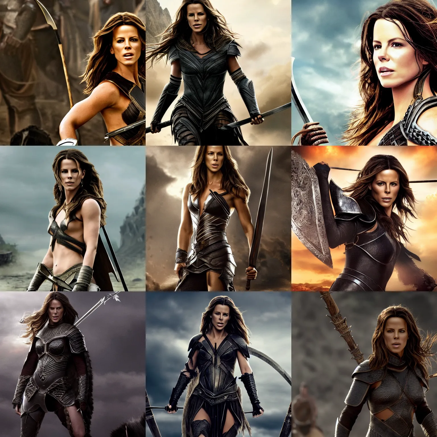 Prompt: kate beckinsale as ahiles in black armor jumping with spear, round shield in troya movie wallpaper, 4k, high definition art