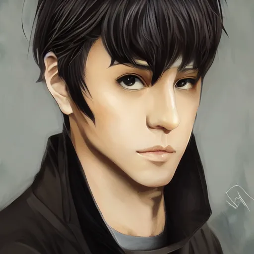 Prompt: Anime portrait of a man by Artgerm, he is about 30 years old, short black hair with bangs, his features are a mix between French, Turkish and Russian and he is wearing a beige and black utility jumpsuit, highly detailed portrait, digital painting, artstation, concept art, smooth, sharp foccus ilustration, Artstation HQ