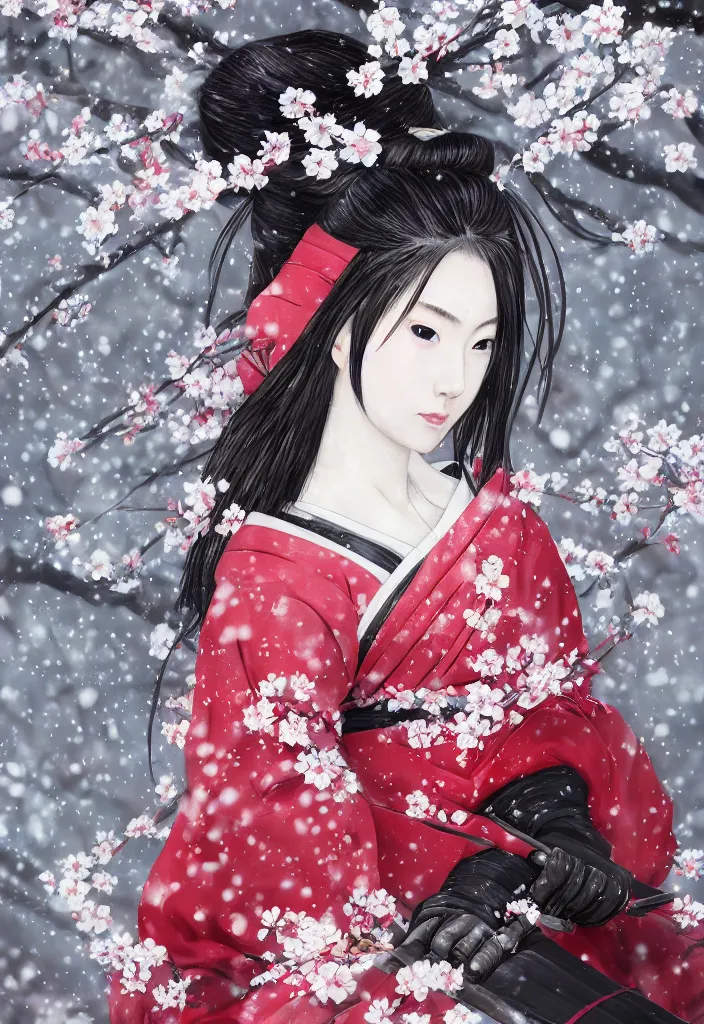 Image similar to detailed portrait of girl samurai in hakama with swords and rifles, in snow forest sakura cherry blossom, taisho roman, by wlop and krenz kushart, elite, elegant, luxury, perfect face, fine details, realistic shaded, fine - face, pretty face