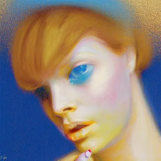 Image similar to close up of a girl in a blue and gold haunted liminal abandoned room, film still by edward hopper, by gottfried helnwein, by klimt, art noveau, highly detailed, strong lights, liminal, eerie, bright pastel colors,