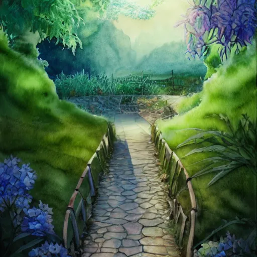 Prompt: portal to a hidden valley, paved, botanic watercolors, grass, iridescent, 8 k, realistic shaded, fine details, artstation, italian, iron gate