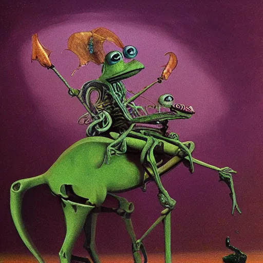 Image similar to muppet frog horseman riding a glowing baroque unicorn skeleton, foggy night, in style of tarot card, painting by beksinski, part by adrian ghenie and neo rauch, in color palette of francis bacon, eerie, mystical, sublime