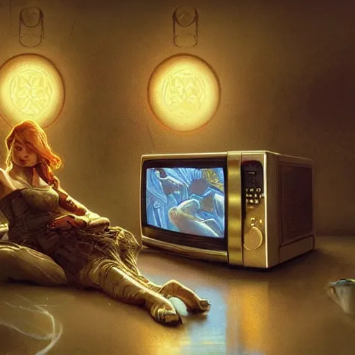 Image similar to a microwave with a tv screen covered in static, intricate, highly detailed, digital painting, artstation, concept art, smooth, sharp focus, illustration, unreal engine 5, 8 k, art by artgerm and greg rutkowski and alphonse mucha