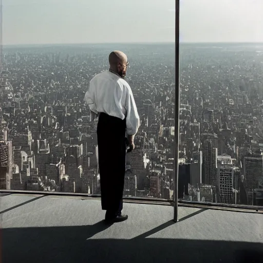 Image similar to walter white from back sitting on chair standing on top of the empire state building strong stance photo by annie leibovitz 8 0 mm lens bokeh