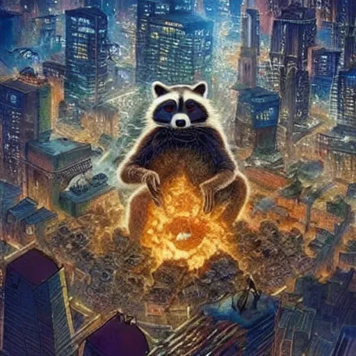 Image similar to I like how many of them look like giant raccoons destroying a city too. Bring on the giant city-destroying raccoons, the humans have had control for long enough.