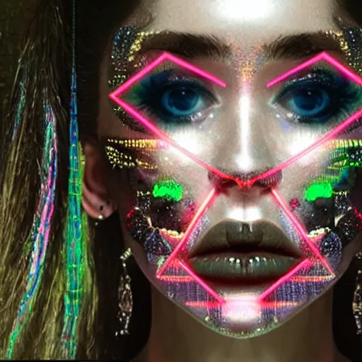 Image similar to a highly detailed symmetric wide shot of Grimes with a head as a diamond skull in a large room simulation with holographic symbolic codes