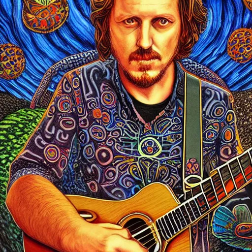 Prompt: sturgill simpson, portrait, by alex gray, dmt background, hallucinogenic, turtles all the way down