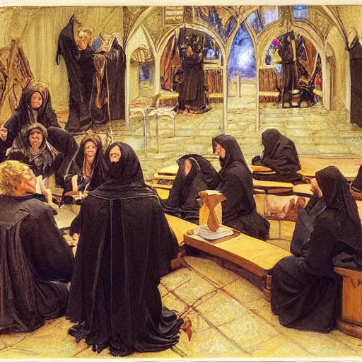 Image similar to witchcraft seminar at a university, by donato giancola and berthold woltze.