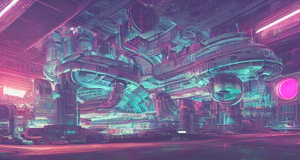 Prompt: a neon bladerunner cyberpunk las vegas city at night nuclear reactor core maschinen krieger mri machine millennium falcon space-station Vuutun Palaa with massive piping inspired by a nuclear reactor submarine, ilm, beeple, star citizen halo, mass effect, starship troopers, elysium, iron smelting pits, high tech industrial, saturated colours