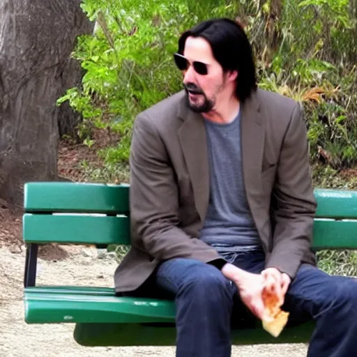 Image similar to Keanu Reeves eating sandwich on park bench