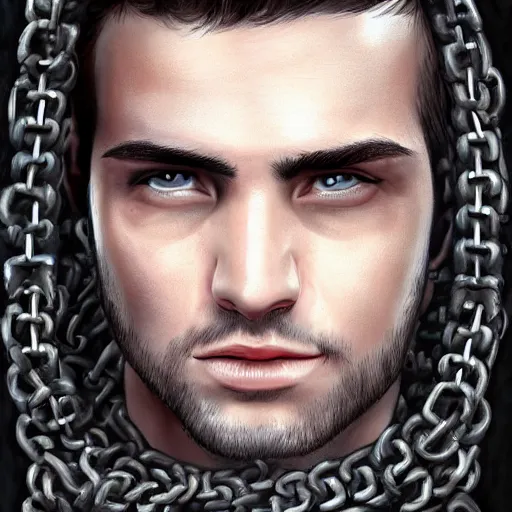 Image similar to realistic portrait, 30 year old man :: athletic, rough, angered :: short black hair, dark taint :: chain mail :: high detail, digital art, RPG, concept art, illustration