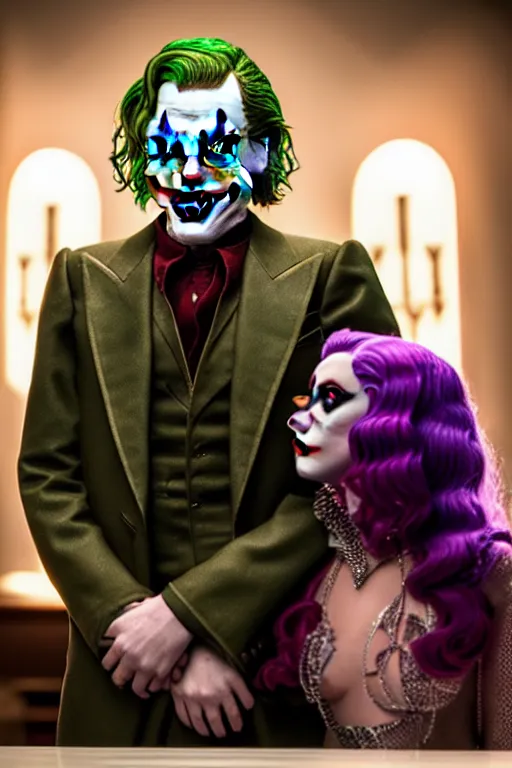 Image similar to joaquin phoenix joker with harley queen lady gaga, photorealistic, smooth, 4 k, aesthetic lighting, baroque object, sharp focus, hyperdetailed, professional photography, pullitzer winning, 8 0 0 photo by : canon eos 5 d mark iv, by karah mew and adnan abidi and jodie bateman