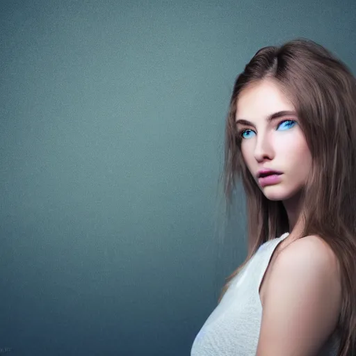 Prompt: Close-up photographic portrait of a beautiful girl with blue eyes and light brown hair a pretty girl with light brown hair , Low key lighting,High constrast, dramatic ,faded colors, pastel colors, Low-key light, flash studio, volumetric light, in the style of Blade Runner ,dark background, high quality,photo-realistic, 8K,-H 704