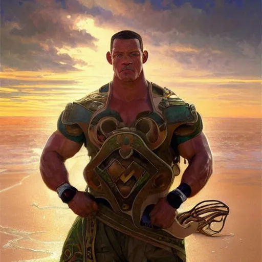 Image similar to John Cena fights Will Smith on the beach, intricate, stunning, highly detailed, digital painting, artstation, concept art, smooth, sharp, focus, illustration, art by artgerm and greg rutkowski and alphonse mucha