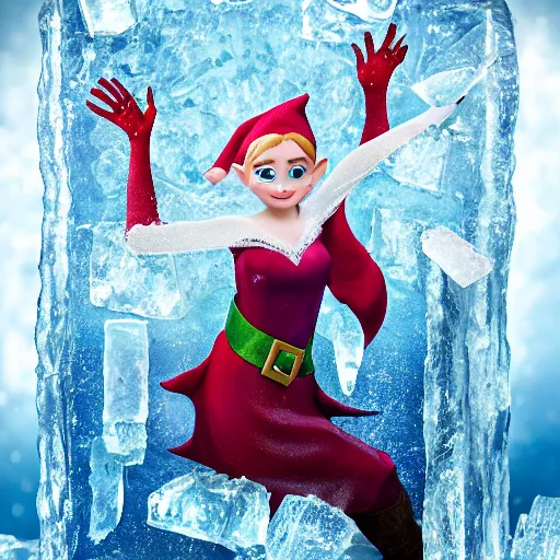 Image similar to a fantasy elf woman trapped and frozen trying to get out of a block of clear ice, with frozen flowers around her