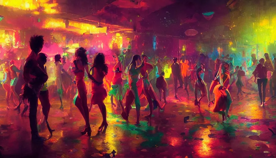 Prompt: salsa in a colorful club, by greg rutkowski, art station