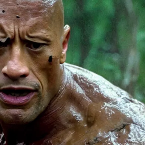 Prompt: film still of dwayne johnson as major dutch, covered in mud, hiding from the predator in swamp scene in 1 9 8 7 movie predator, hd, 8 k