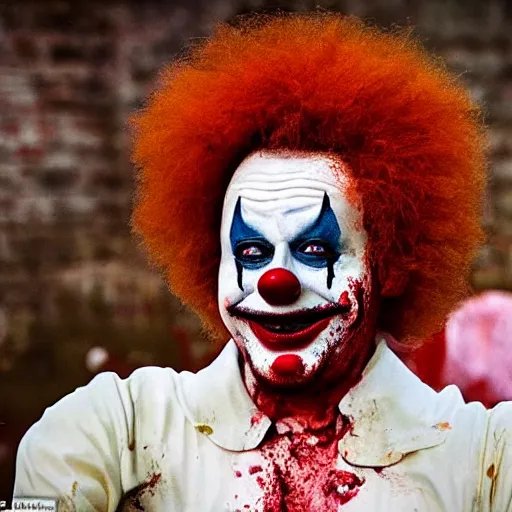 Image similar to full body heat to toe shot of an expressionless clown with blood splattered on him, muted tones, slightly out of focus, found footage, dutch angle