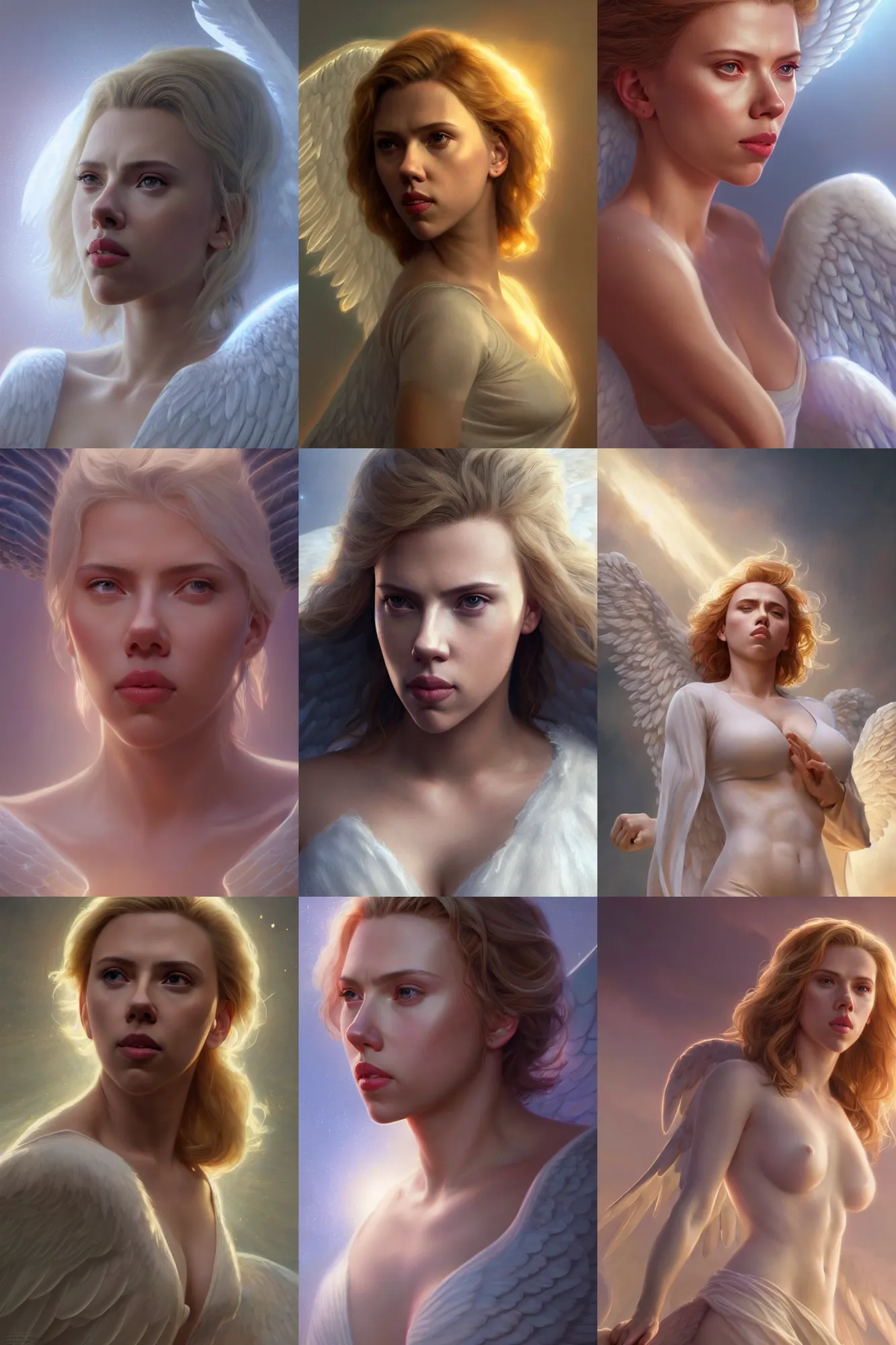 Prompt: scarlett johansson as a heavenly angel, anatomy, bathed in light, highly detailed, photorealistic, artstation, smooth, sharp focus, illustration, unreal engine 5, 8 k, art by artgerm and greg rutkowski and edgar maxence