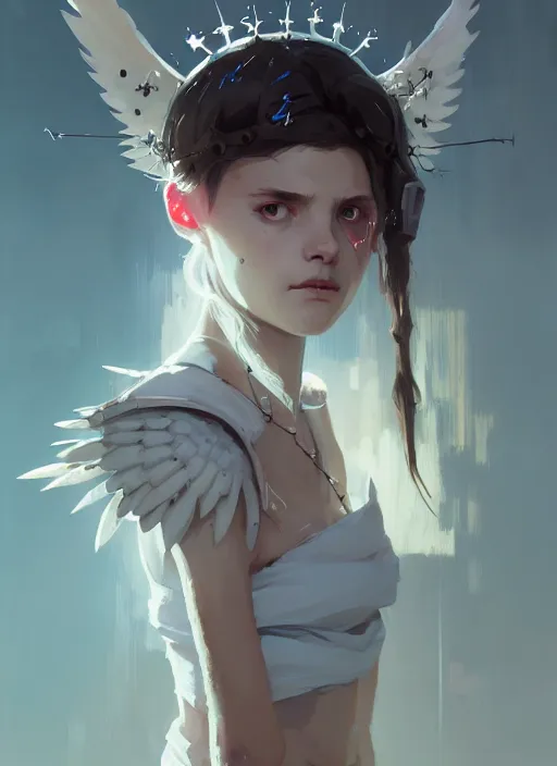 Image similar to portrait of cute angel maiden girl with crown of thorns and white short hairs, warhammer, cyberpunk, by atey ghailan, by greg rutkowski, by greg tocchini, by james gilleard, by joe gb fenton, by kaethe butcher, dynamic lighting, gradient light blue, brown, blonde cream and white color in scheme, grunge aesthetic