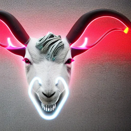 Image similar to synthwave demonic goat face with neon horns, detailed face, sharp focus, synthwave art, aesthetic, octane render, raw, cinematic, white background