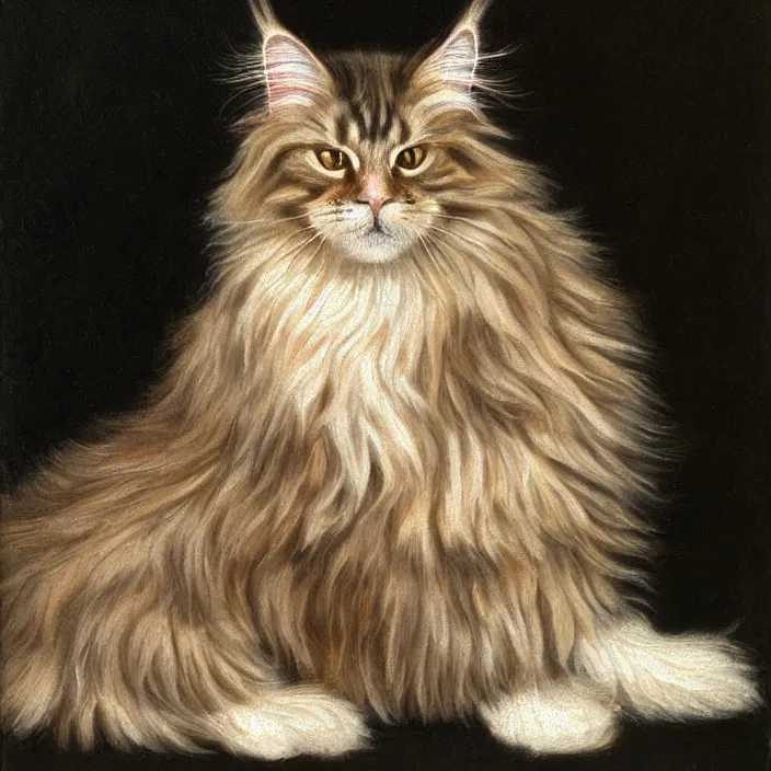 Image similar to A realistic renaissance oil painting of a Maine Coon cat, bi-colored with white and ginger fur, pale yellow eyes, portrait