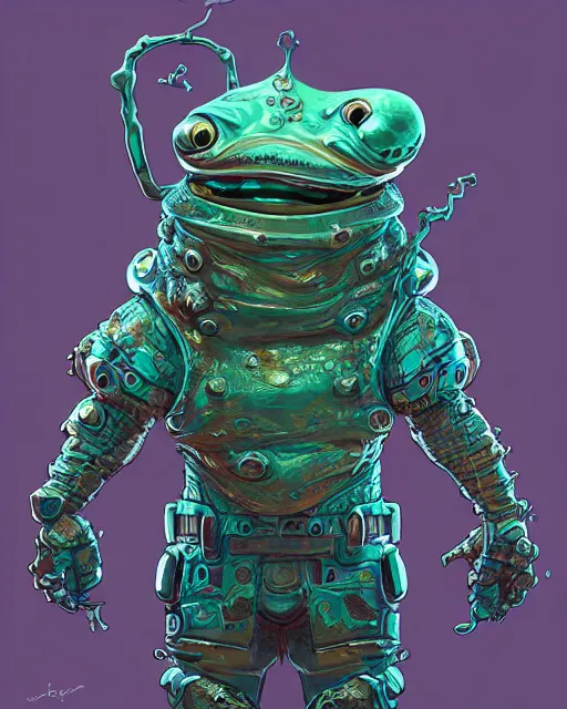 Image similar to a slimy anthropomorphic toad king wearing ornate cyberpunk armor, smooth, intricate, elegant, digital painting, artstation, steam, grungy steel, concept art, sharp focus, octane render, illustration, art by josan gonzalez,