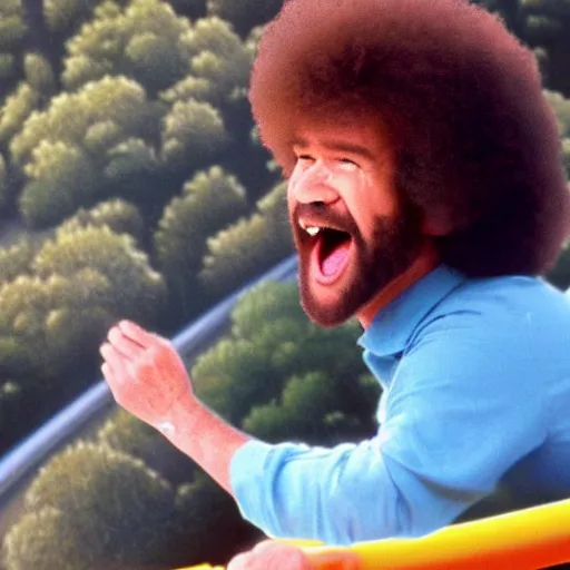 Prompt: bob ross screaming while going down a giant slide