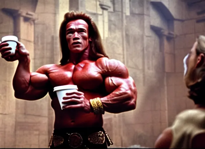 Image similar to film still of arnold schwarzenegger dressed as conan, holding coffee in starbucks, focus on faces, cinematic lighting, unreal engine, steve mccurry, volumetric lighting....