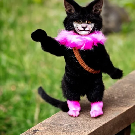 Prompt: a dwarf tabaxi, black fur, wearing pink flip flops, laughing hysterically