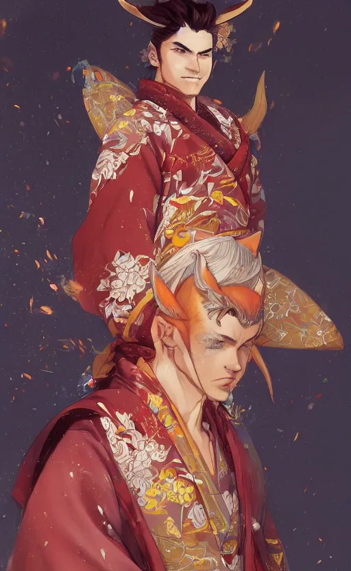 Image similar to An beautiful digital painting of a beautiful man with fox ears and nine tails wearing a kimono, by Stanley Artgerm Lau, WLOP, Rossdraws, James Jean, Andrei Riabovitchev, Marc Simonetti, and Sakimichan, tranding on artstation, SFW version