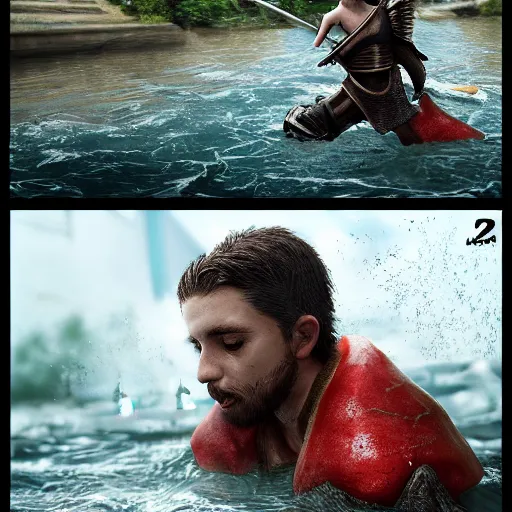 Prompt: a mighty knight saving child from drowning in the river, ultra realistic details, trending on artstation, 8 k