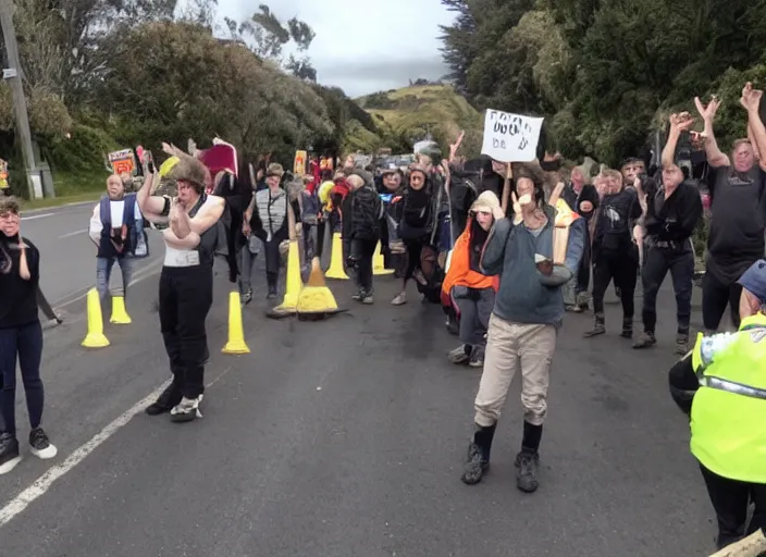 Prompt: A group of New Zealand Freedom protesters being outraged about potholes. News footage