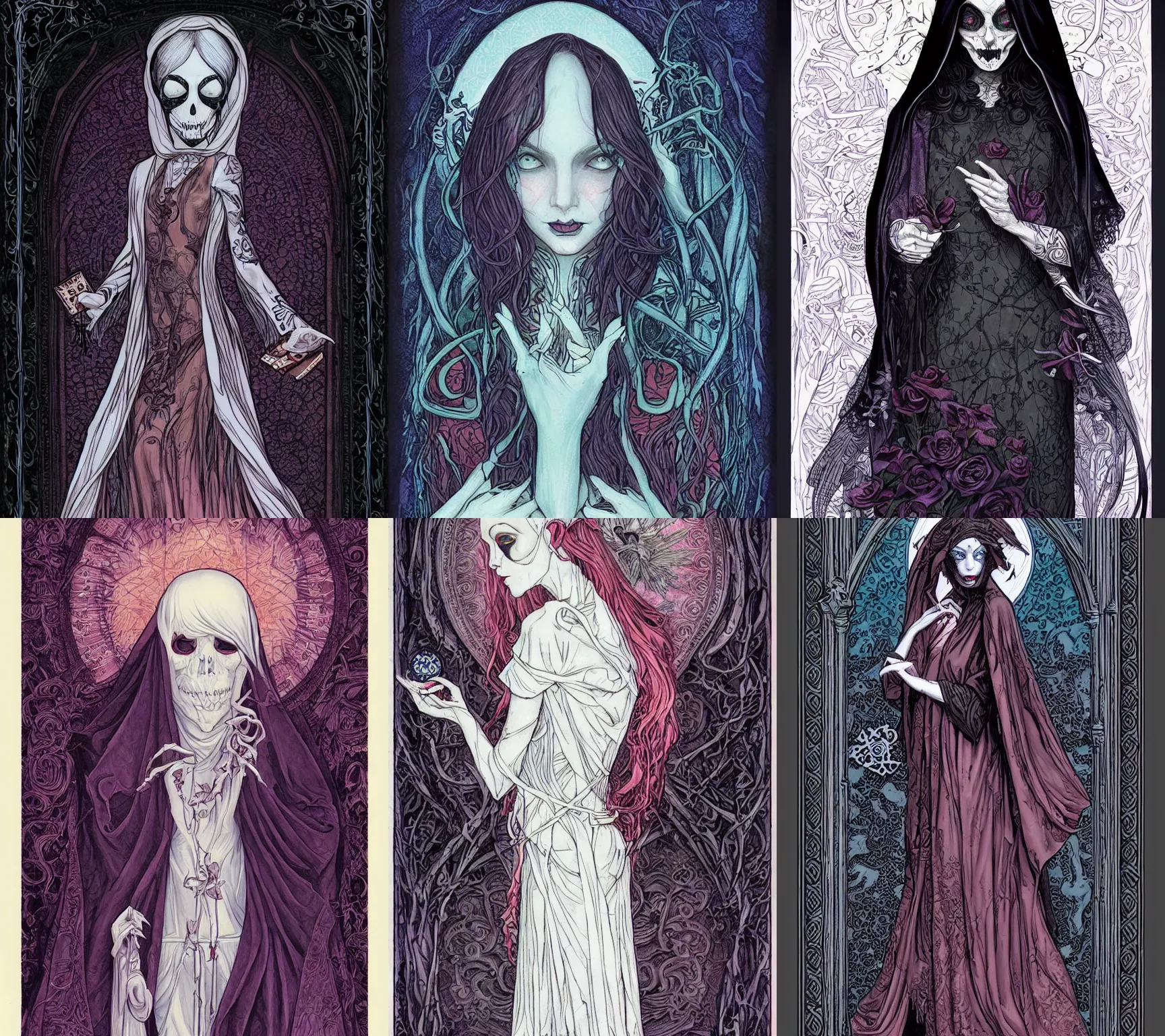 Prompt: Cloaked Gothic Female as the death tarot card by James Jean and Kelly McKernan, Tarot Card, occult, iconography, intricate border designs, Artstation