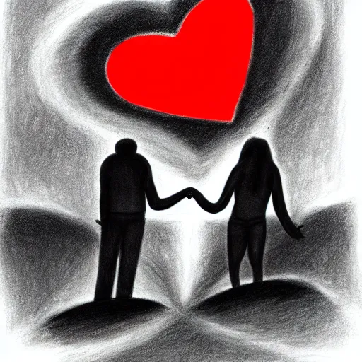 Image similar to two red hearts, couple, a woman and a man, love, sadness, dark ambiance, concept by Godfrey Blow, featured on deviantart, drawing, sots art, lyco art, artwork, photoillustration, poster art