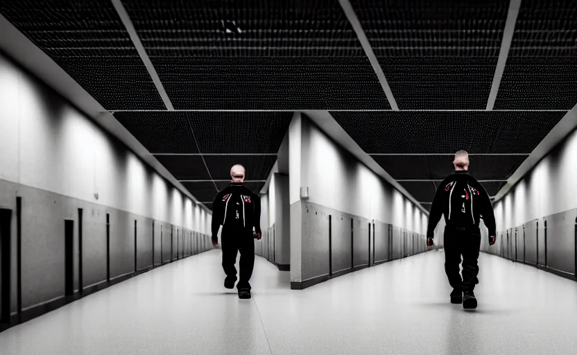 Image similar to Black quadcopters swarm the wide hallways in a futuristic prison underground with brutalist architecture, staff can be seen carrying black duffel bags, sigma 85mm f/1.4, 4k, depth of field, high resolution, 4k, 8k, hd, full color