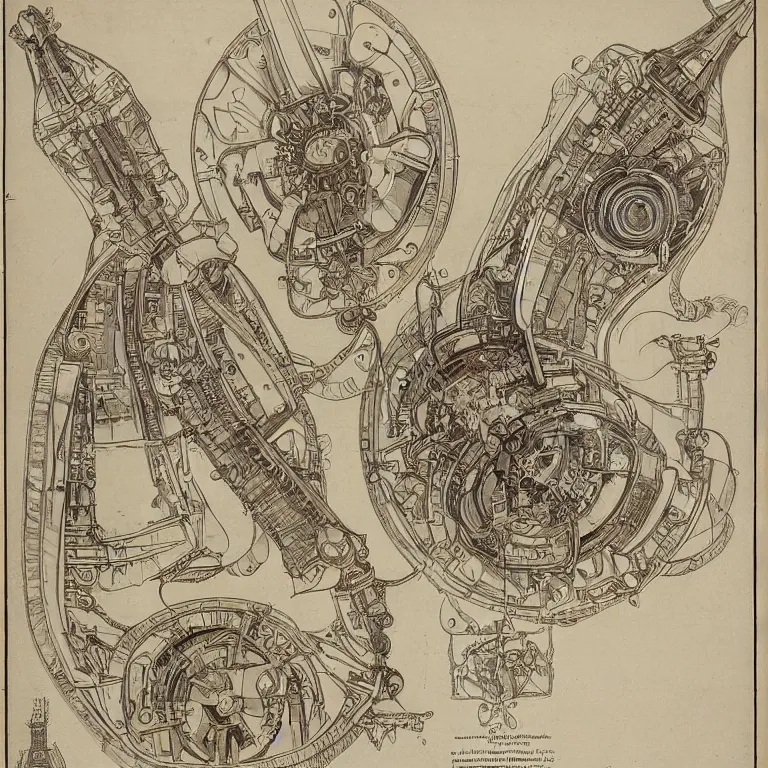 Image similar to detailed, intricate technical drawings on parchment from 1 8 4 0, with labels and notes, for a beautiful, symmetric, art deco submarine cutaway, by ron cobb and alphonse mucha