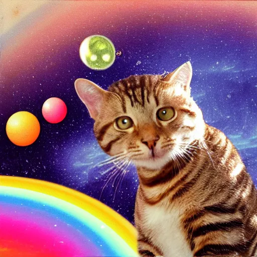 Image similar to Rainbow Lomotype candid photography of an astronaut brown tabby cat with a bubble as a helmet, visiting Saturn, surrounded by bubbles