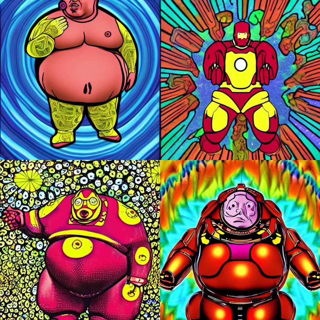 Prompt: I took too much, psychedelic, trippy, extremely morbidly obese ironman