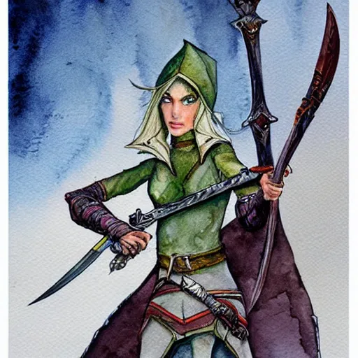 Image similar to a female elf holding a sword, a watercolor painting by tony diterlizzi, fantasy art, concept art