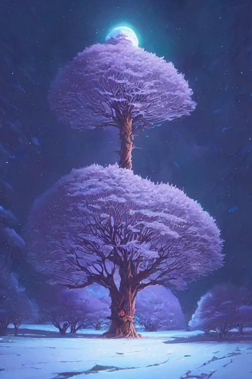 Image similar to giant tree in snow with purple flowers on the moon, unreal engine, fantasy art by greg rutkowski, loish, rhads, ferdinand knab, makoto shinkai and lois van baarle, ilya kuvshinov, rossdraws, tom bagshaw, global illumination, radiant light, detailed and intricate environment