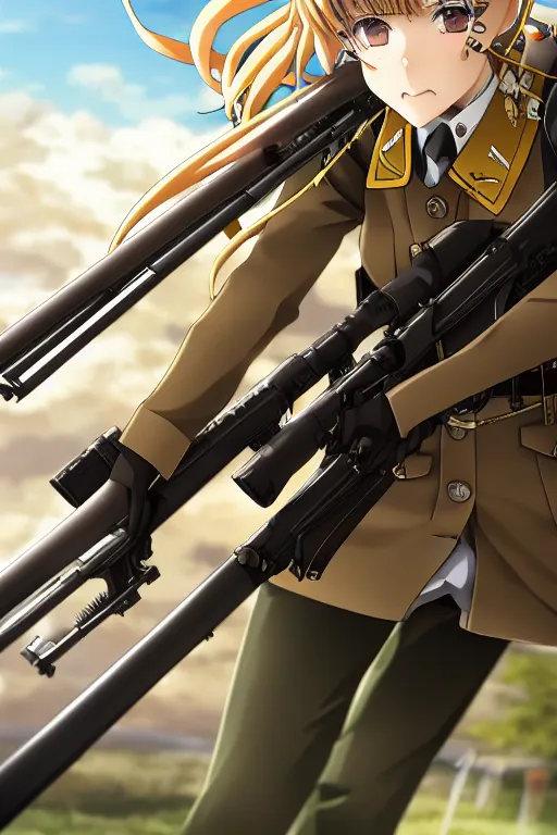 Prompt: anime key visual of tanya degurechaff aiming down a bolt action rifle, official digital media illustrated by artist so - bin, trending on artstation