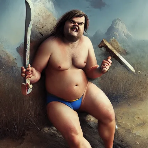 Image similar to hyperrealistic mixed media image of jack black in a bikini donning a mighty axe, stunning 3 d render inspired art by istvan sandorfi and greg rutkowski, perfect symmetry, realistic, highly detailed attributes and atmosphere, dim volumetric cinematic lighting, 8 k octane extremely hyper - detailed render, post - processing, masterpiece,