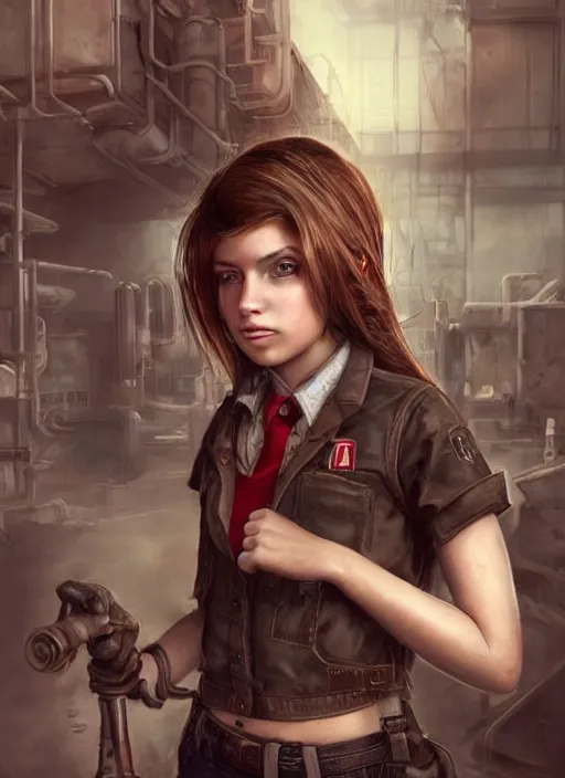 Image similar to a portrait digital painting of a young girl with hazel - brown hair. post - apocalyptic clothing. she's wearing a mechanics uniform and has been working on some large machinery. a factory background with big machines, pipes, computer monitors. painted by artgerm, ross tran.