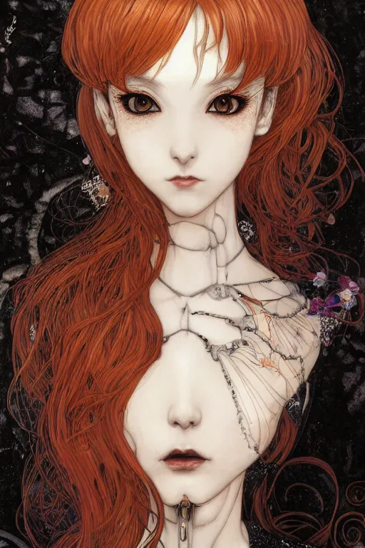 Prompt: portrait of beautiful young gothic anime maiden, cute-fine-face, pretty face, realistic shaded Perfect face, fine details. Anime, cyberpunk, Warhammer, highly detailed, artstation, illustration, art by Ilya Kuvshinov and Gustav Klimt and Gustav Klimt and Gustav Klimt and Gustav Klimt and Gustav Klimt and Gustav Klimt