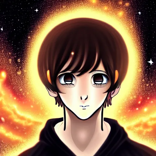 Image similar to a man with with brown hair, eyes with stars and galaxies in his eyes, wearing a black robe with the tips made of gold, anime, trending on artstation, high quality