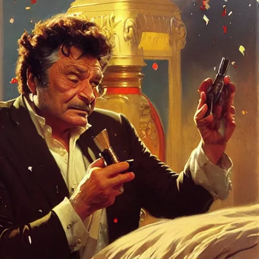 Prompt: peter falk as columbo is in his bed, nervous and terrified, because rip taylor is throwing confetti from a bucket at him. highly detailed painting by gaston bussiere, j. c. leyendecker, greg rutkowski, craig mullins 8 k