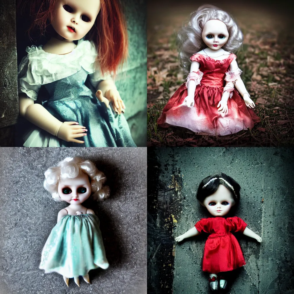 Prompt: embrace porcelain doll, haunted, vintage clothing and a silver locket, spooky mansion, photorealistic, cool colors, red eyes, bokeh, depth of field 20mm,