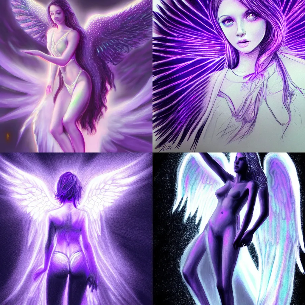 Prompt: stunning drawing of an angel, hd, glowing light, purple background, Artstation