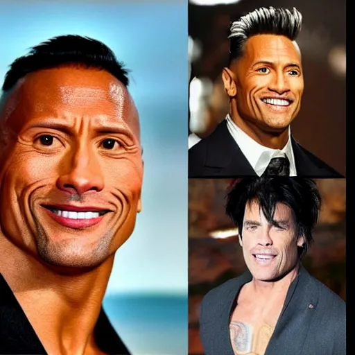 Image similar to Dwayne Johnson with a Ace Ventura wig, ace Ventura haircut, ace Ventura hair